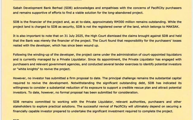 SDB bukan pemilik tanah PacifiCity, hanya pembiaya projek